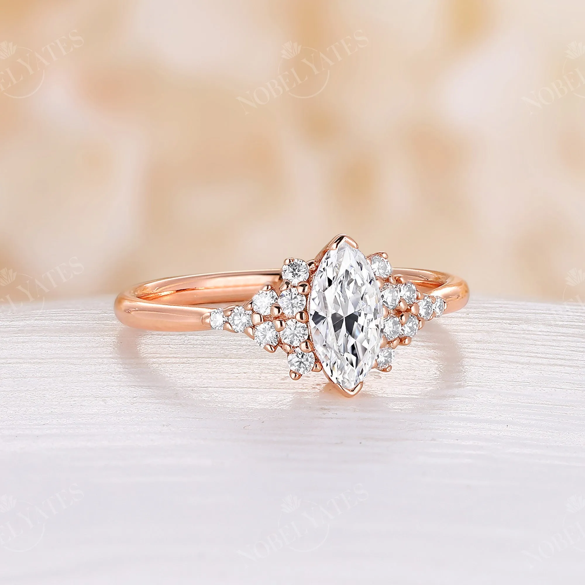 Vintage Marquise Cut Moissanite Rose Gold Cluster Engagement Ring