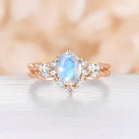 Vintage Oval Cluster Moonstone Rose Gold Twist Engagement Ring