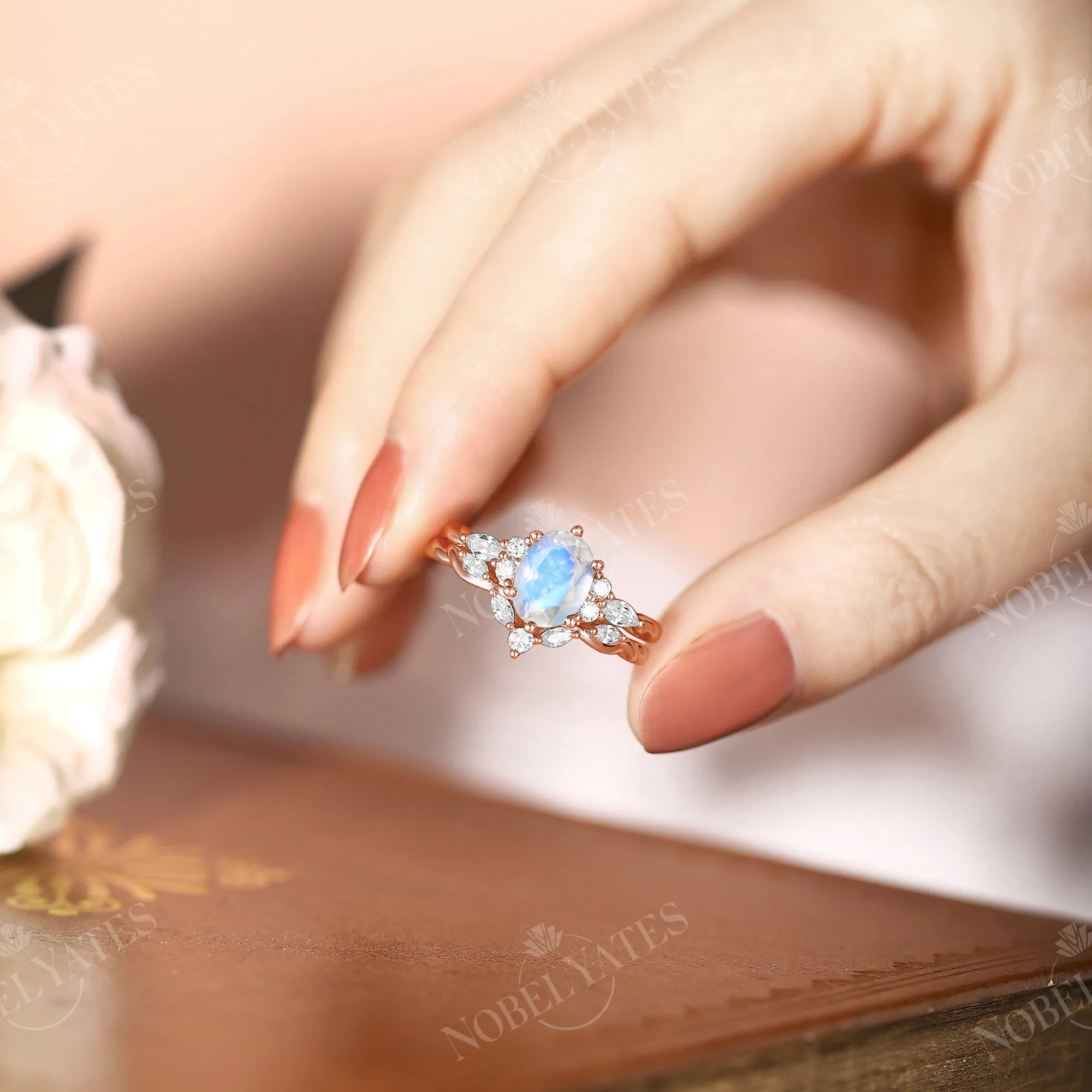 Vintage Oval Cluster Moonstone Rose Gold Twist Engagement Ring