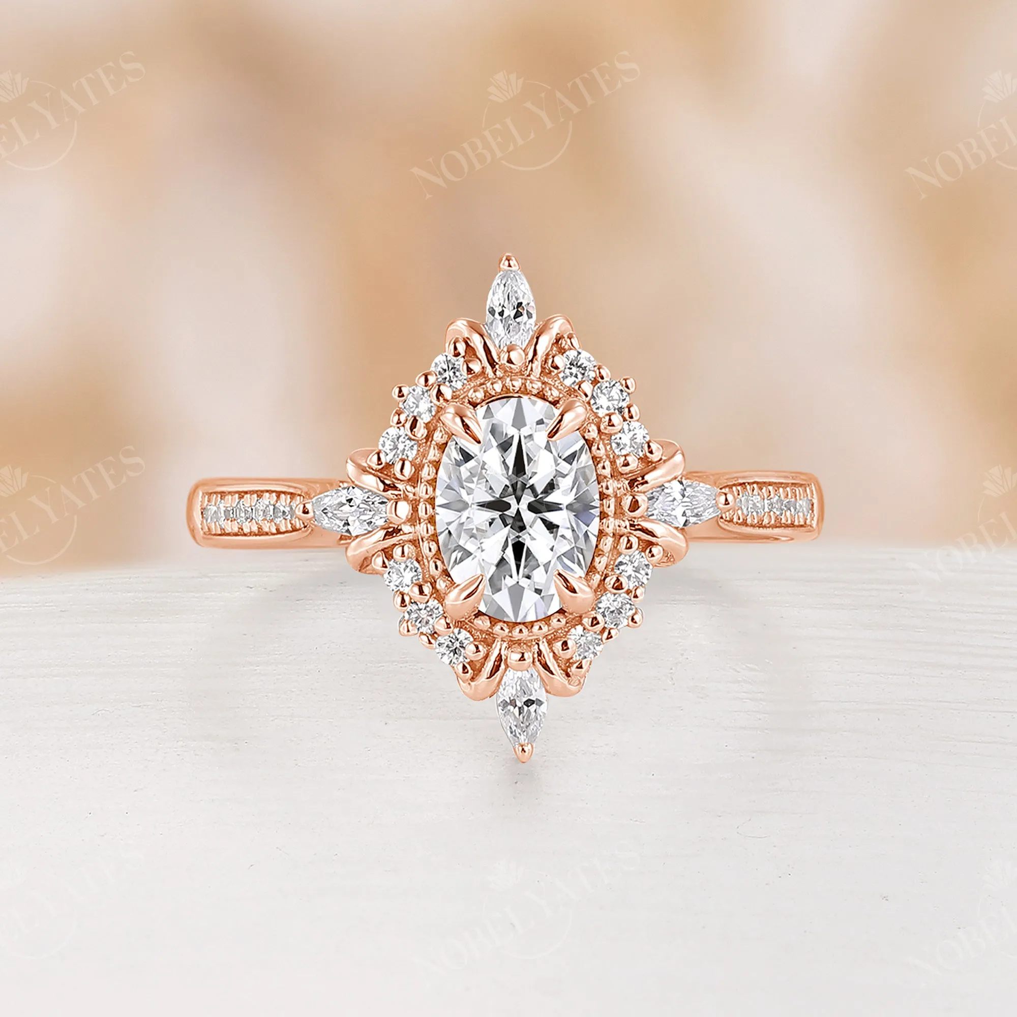 Vintage Oval Cut Moissanite Rose Gold Milgrain Engagement Ring