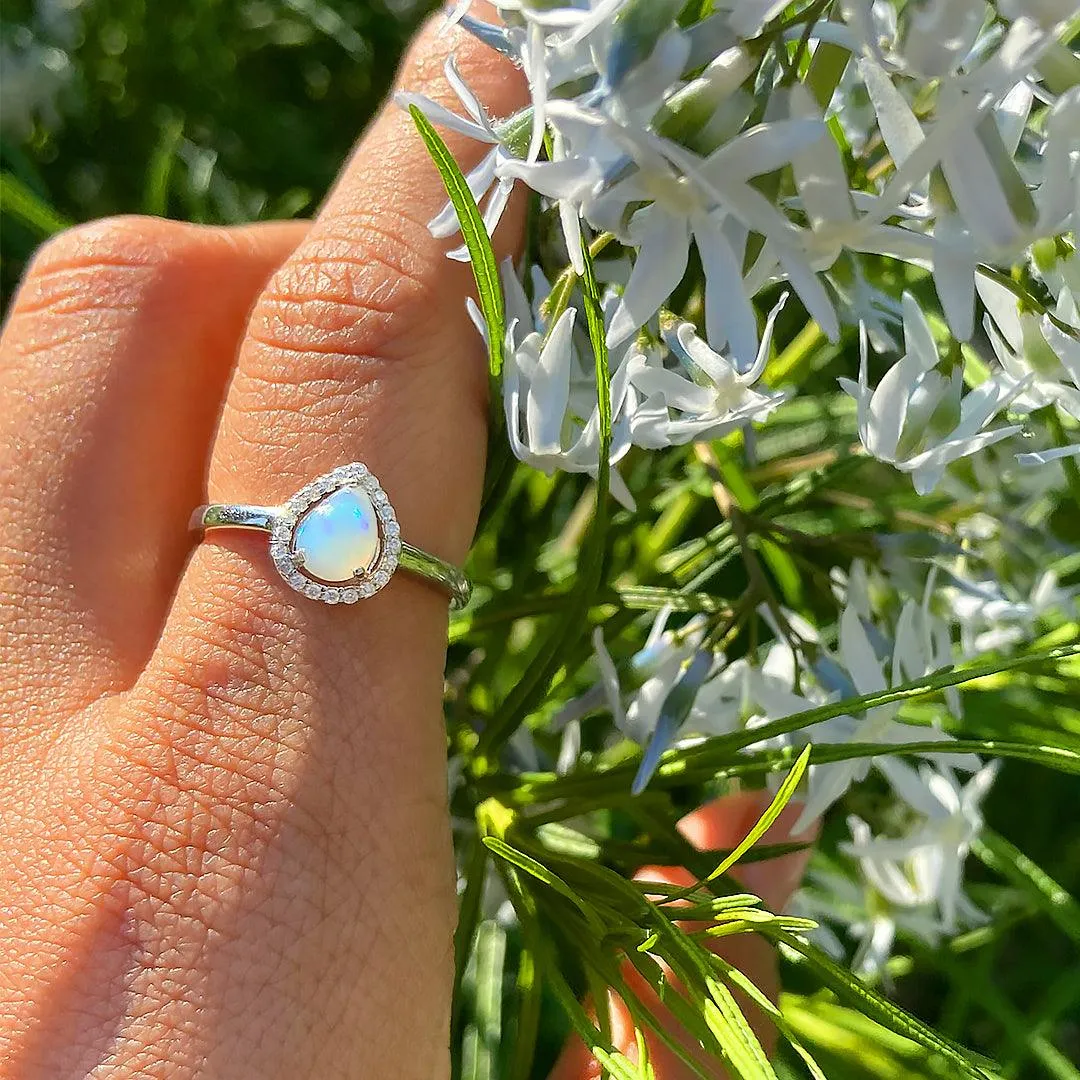 White Opal Teardrop Halo Ring